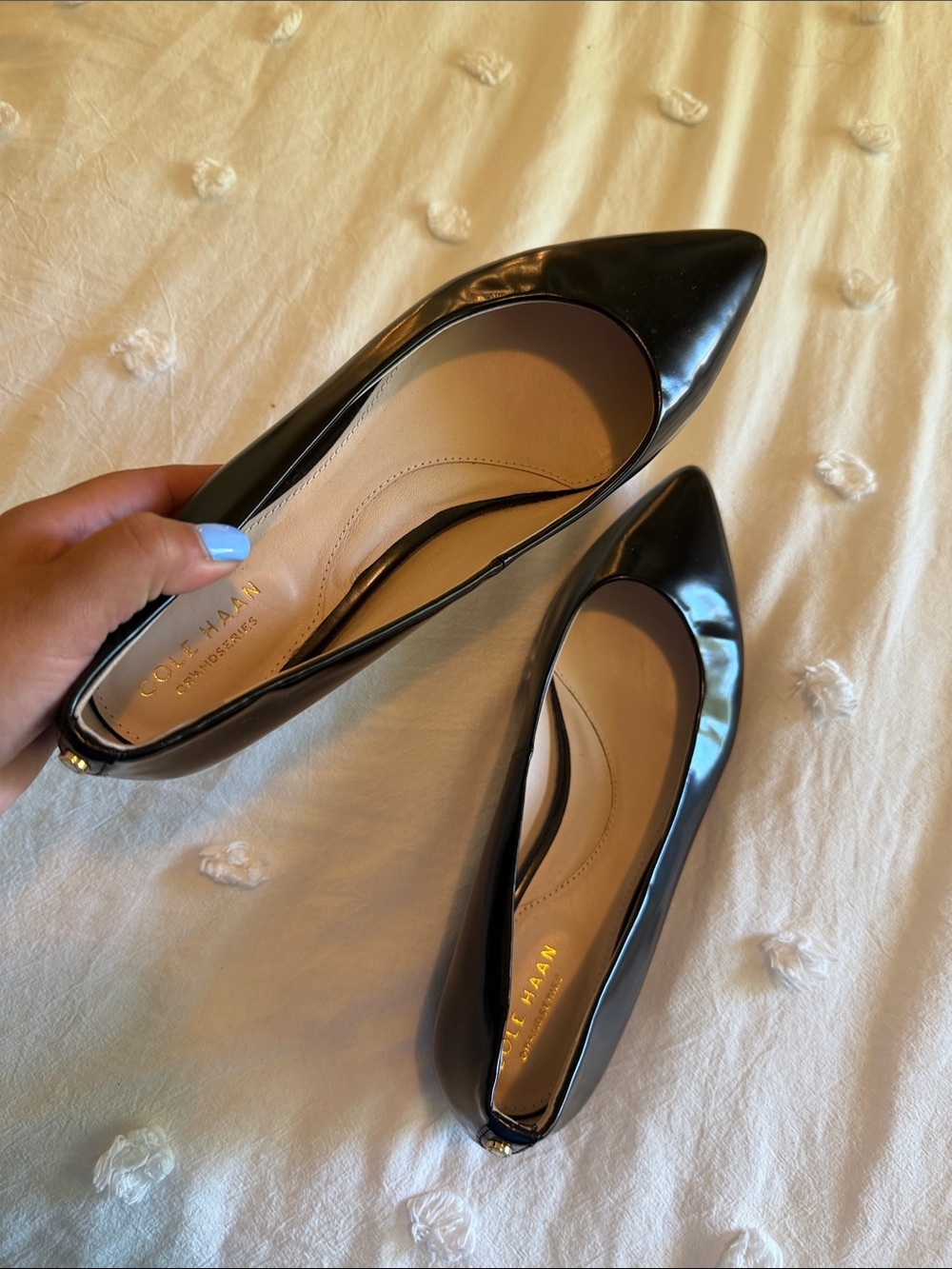 Cole Haan Black Patent Pointed-Toe Flats with Gold Heel Accent